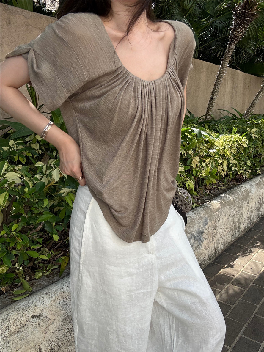 U領皺皺 寬鬆短袖棉T (咖/白)