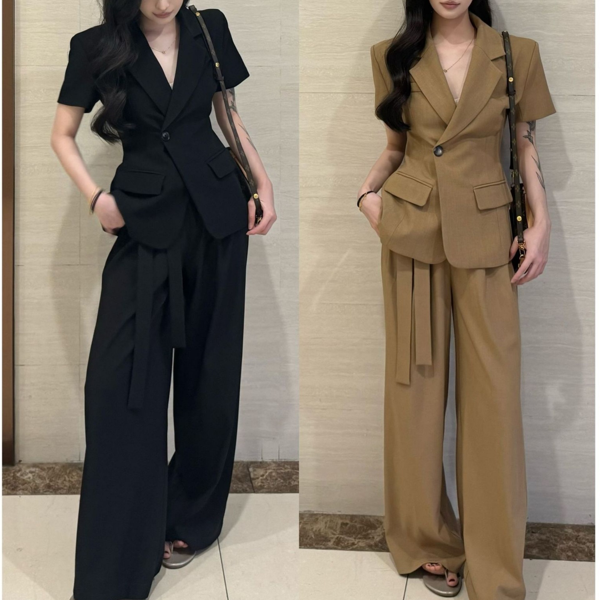 通勤質感系 短袖西裝+高腰褲(2件組)(奶茶/黑)
