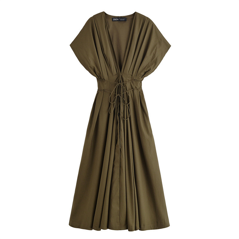 V領收腰 連肩袖舒適洋裝