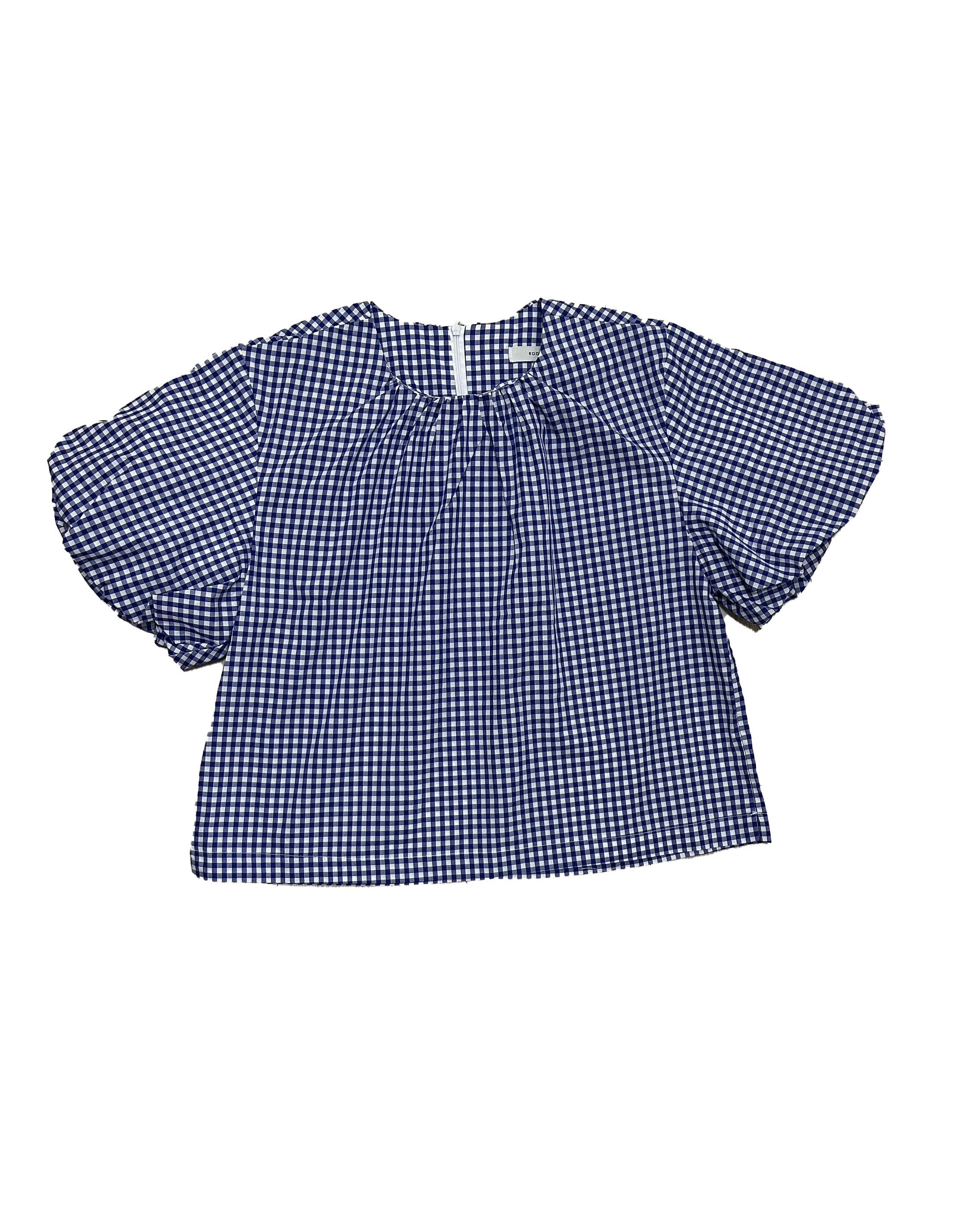 圓領泡泡袖格仔上衣