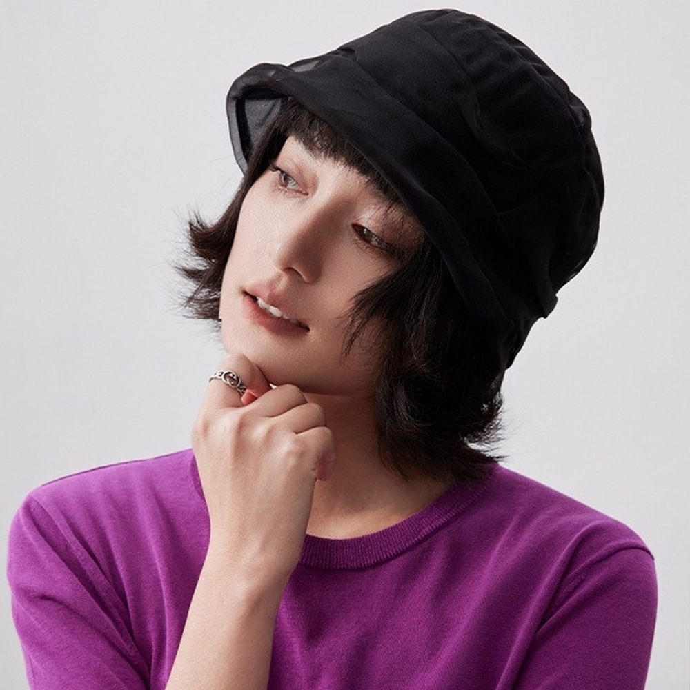 薄紗帽 網紗帽 桑蠶絲 漁夫帽 圓帽 時尚 氣質風 日系穿搭 帽子 透氣 真絲 平頂 短帽簷 薄款 098