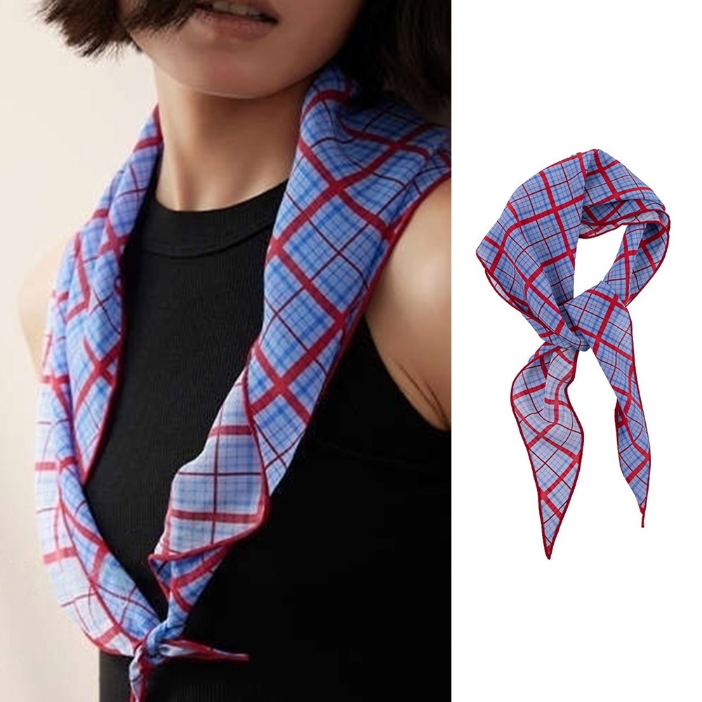 真絲圍巾 領巾 絲質圍巾 領口裝飾 髮飾 裝飾 三角巾 絲巾 菱形絲巾 紅藍格 100%桑蠶絲 髮帶 襯衫搭配033