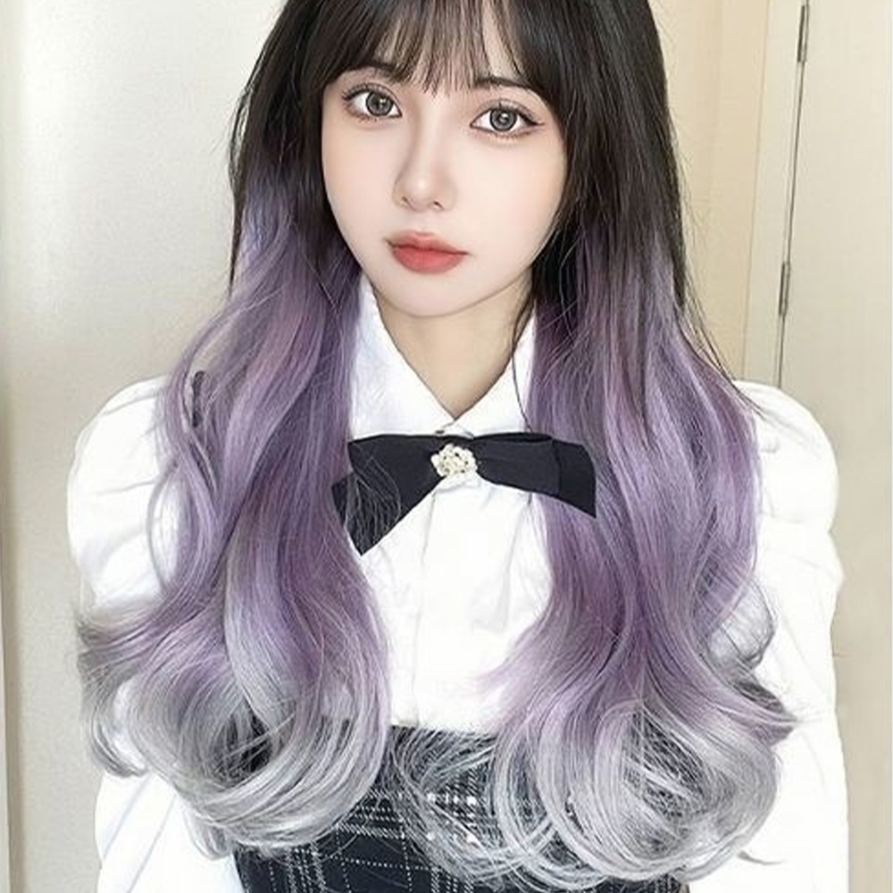 挑染假髮 假髮捲髮 紫灰色假髮 假髮 髮片 大波浪 高顱頂 自然 整頂假髮 女生假髮 長髮假髮 長髮髮片 無痕假髮157
