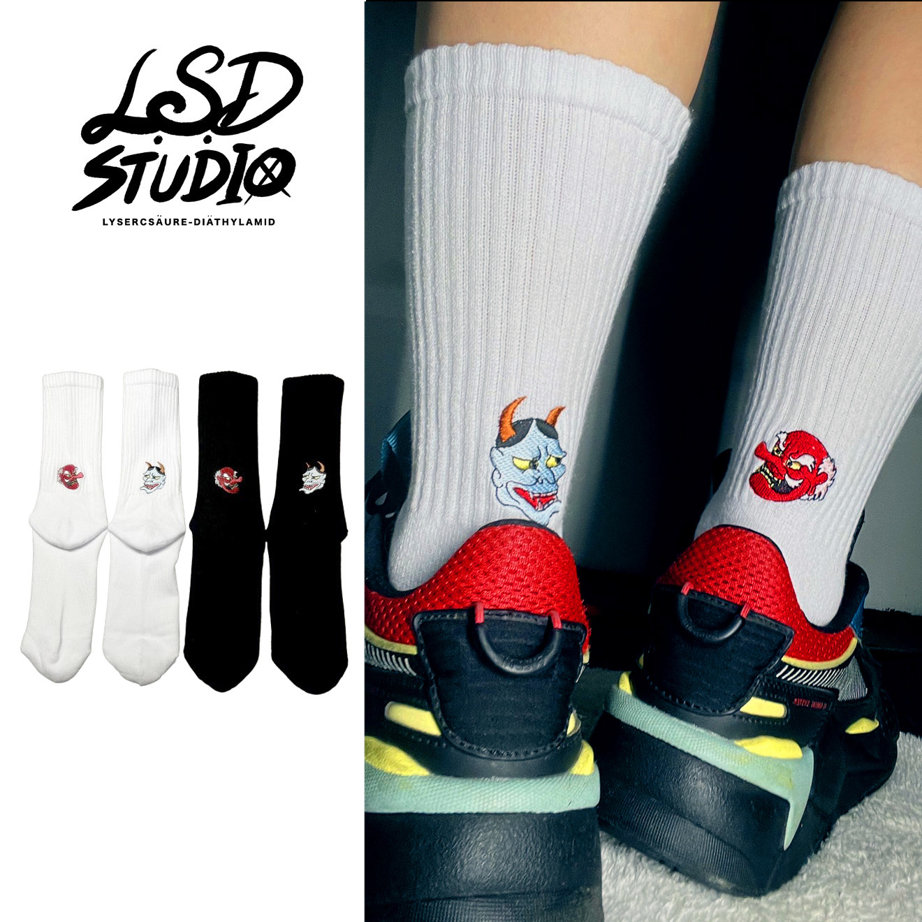裂魂日系鬼面刺繡不對稱設計半毛巾底長襪【SCSXU16】