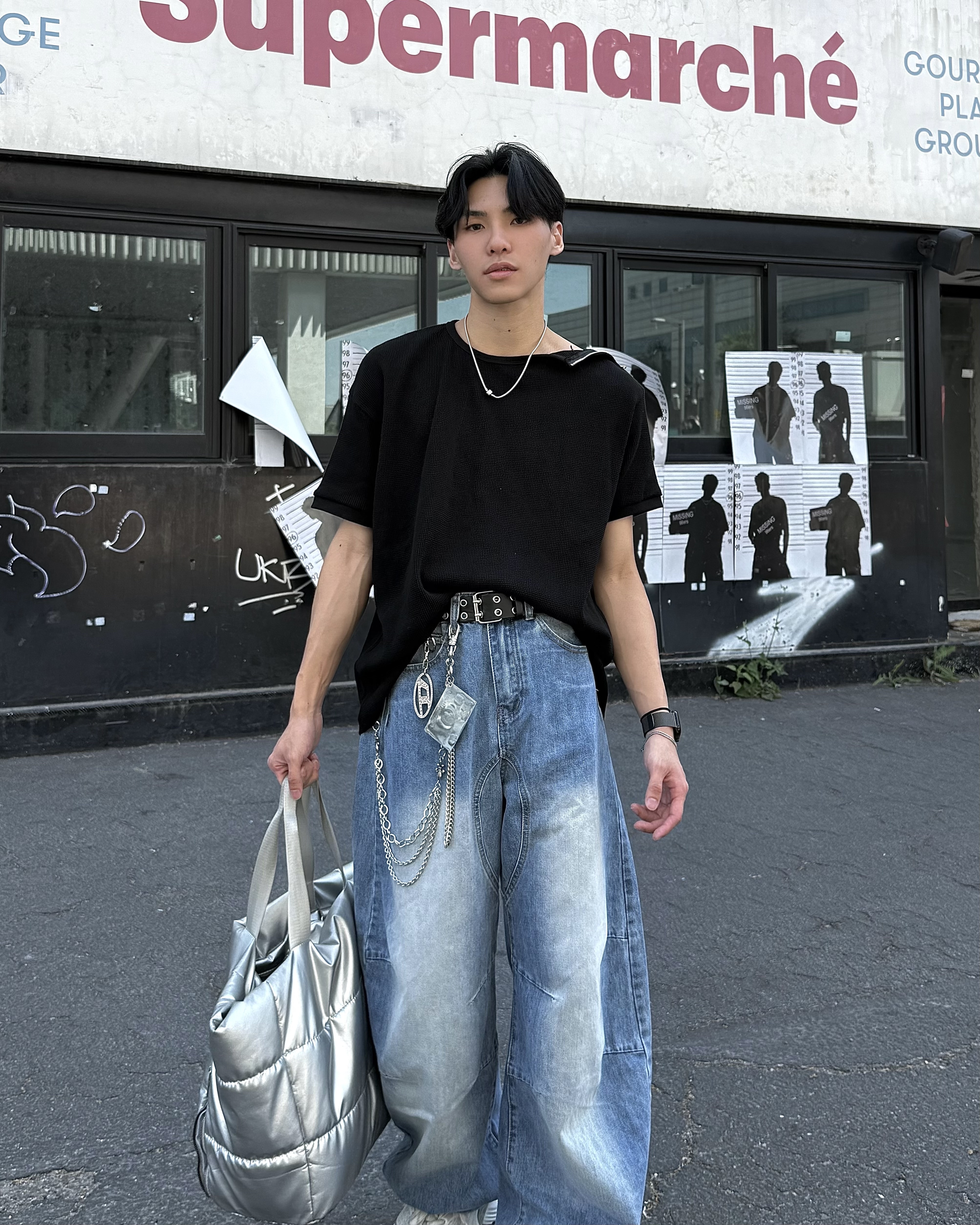 𝐇·𝐓·𝐒 韓國 微解之襟 開肩半拉鏈 華夫格 素面 修身 寬版 落肩 短袖