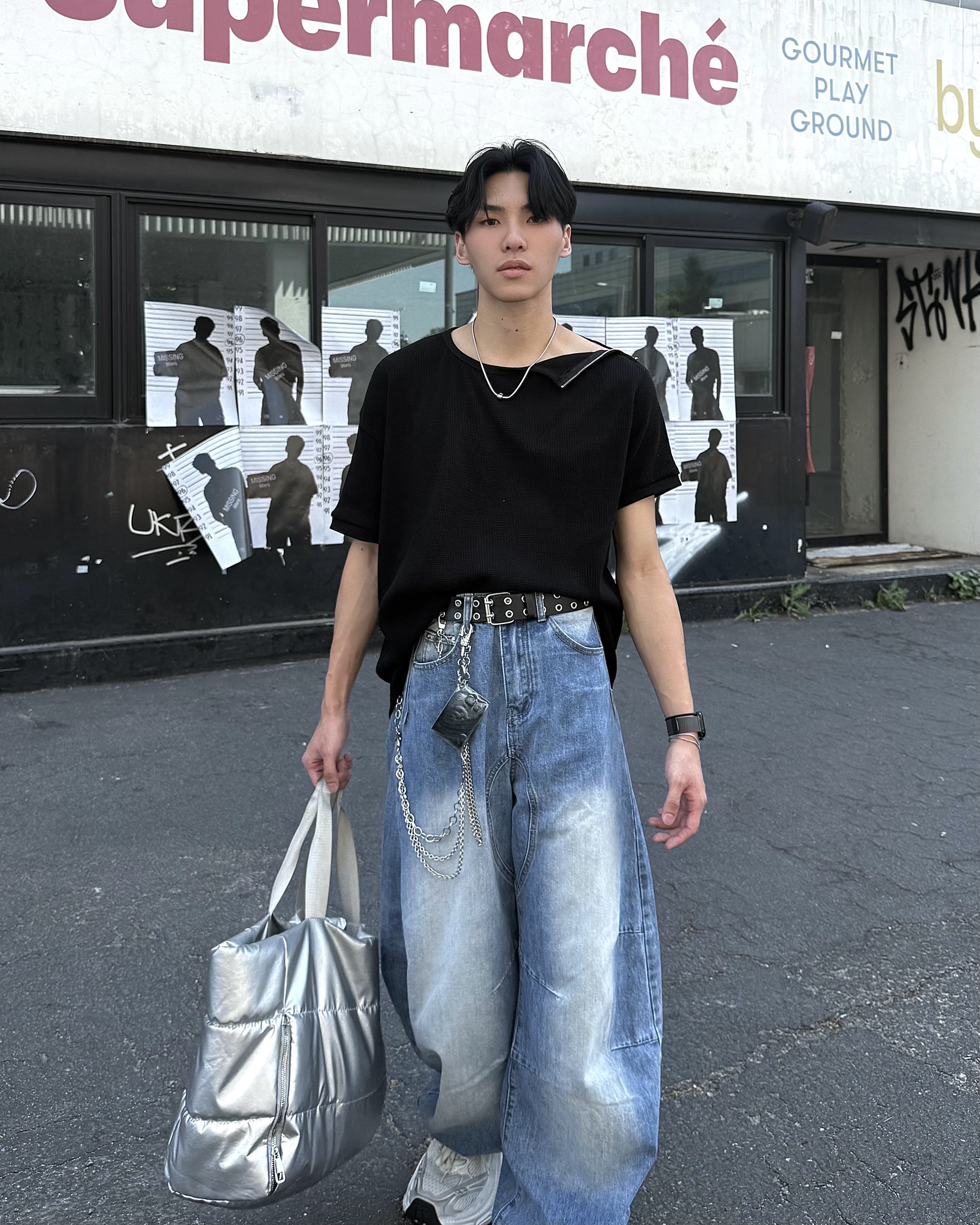 𝐇·𝐓·𝐒 韓國 微解之襟 開肩半拉鏈 華夫格 素面 修身 寬版 落肩 短袖