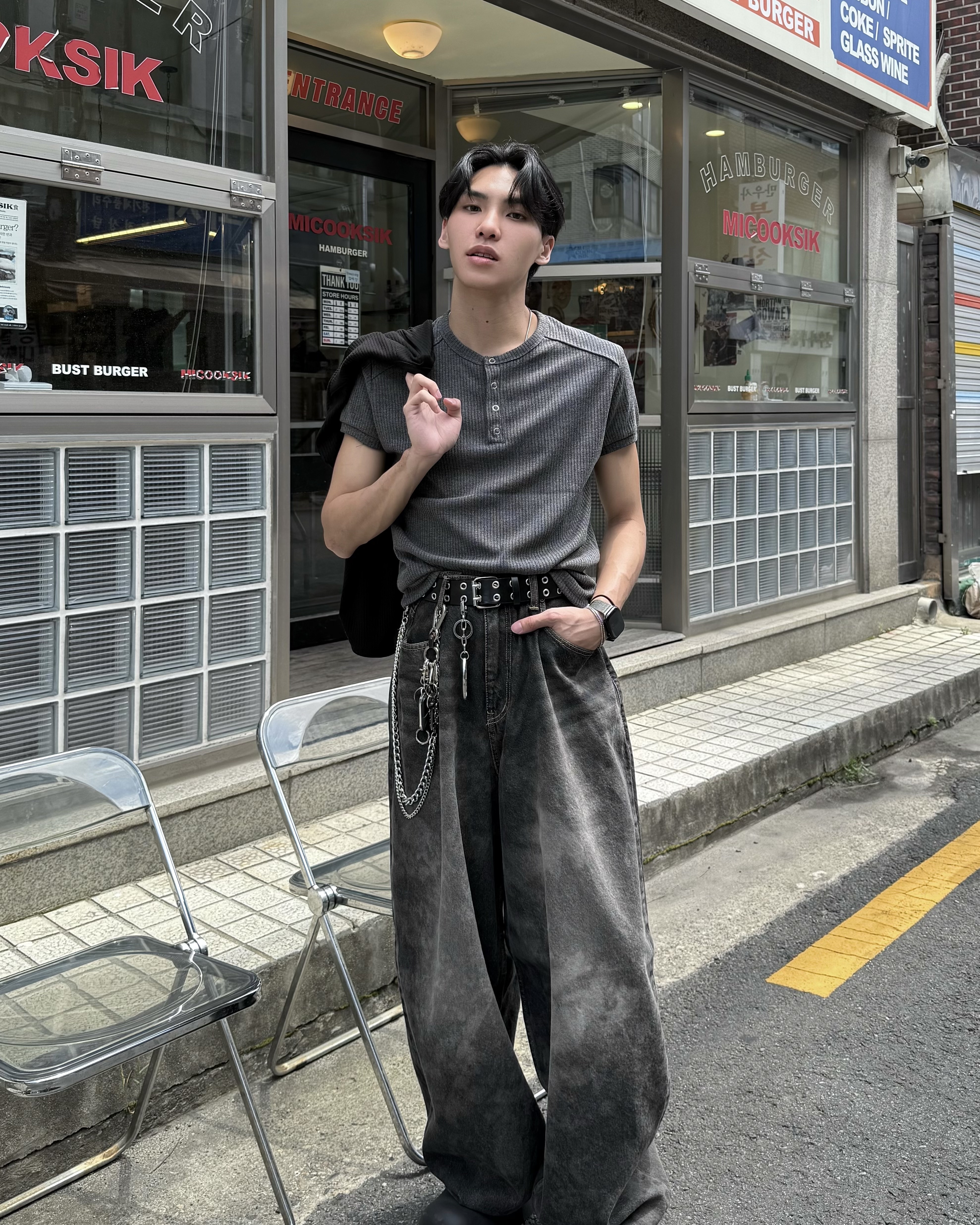 𝐇·𝐓·𝐒 韓國 型感俐影 坑條亨利領 螺紋 插肩 反車線 修身 短袖 上衣