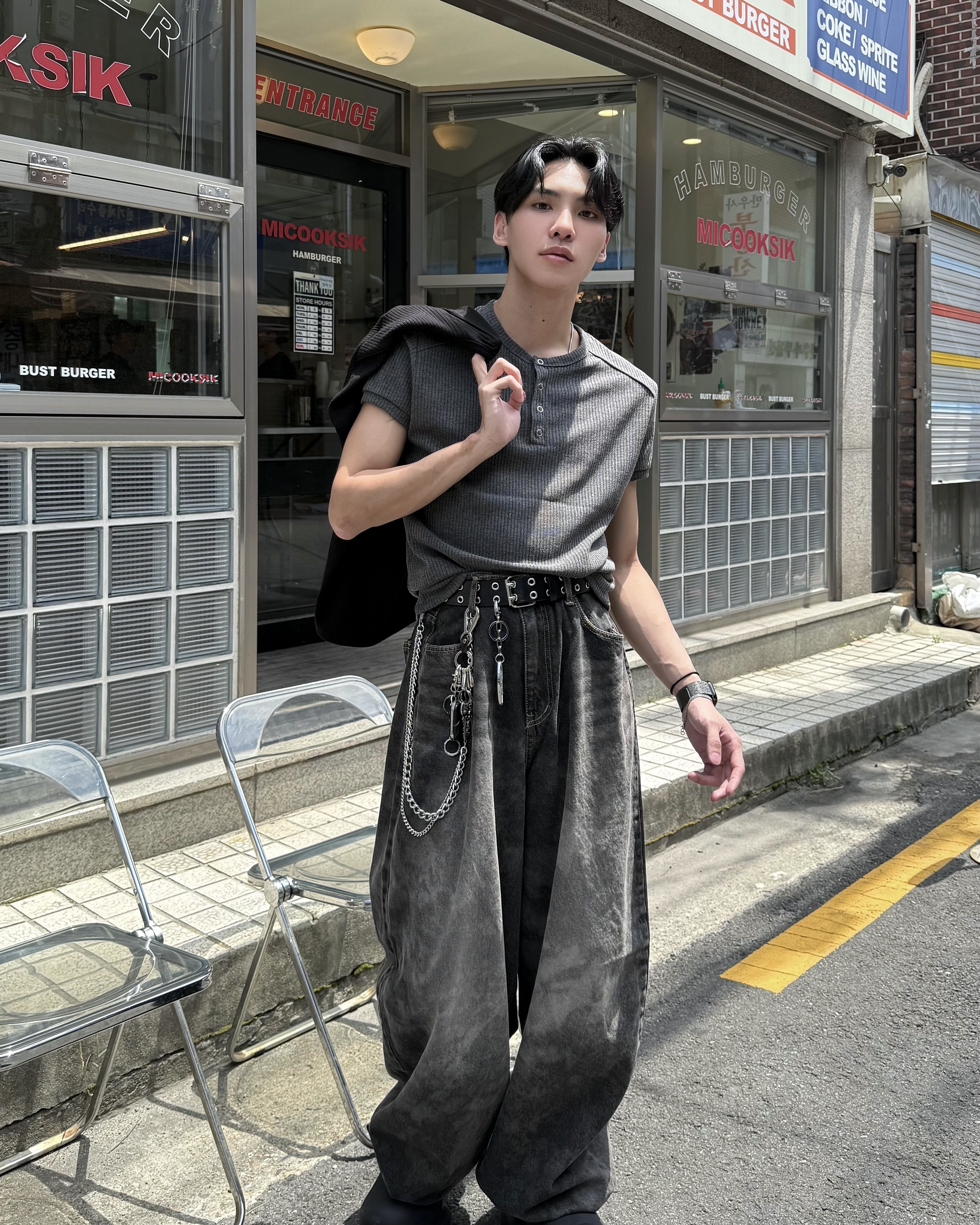 𝐇·𝐓·𝐒 韓國 型感俐影 坑條亨利領 螺紋 插肩 反車線 修身 短袖 上衣