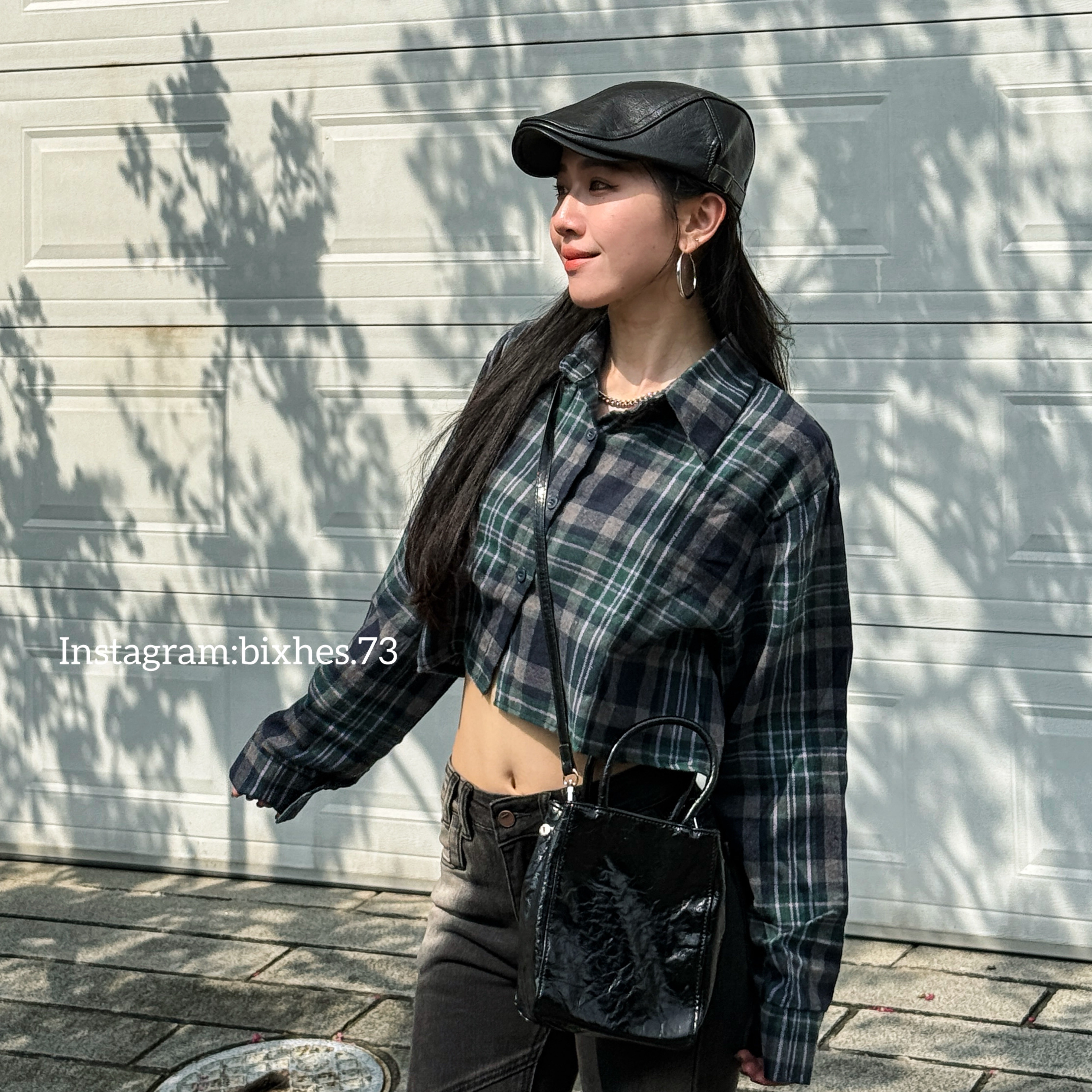 撞色格紋短版長袖襯衫(G00018)