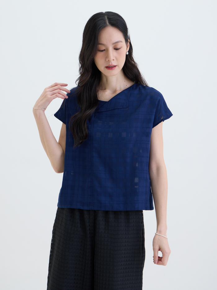 翻領軟料連袖上衣-暮行藍格