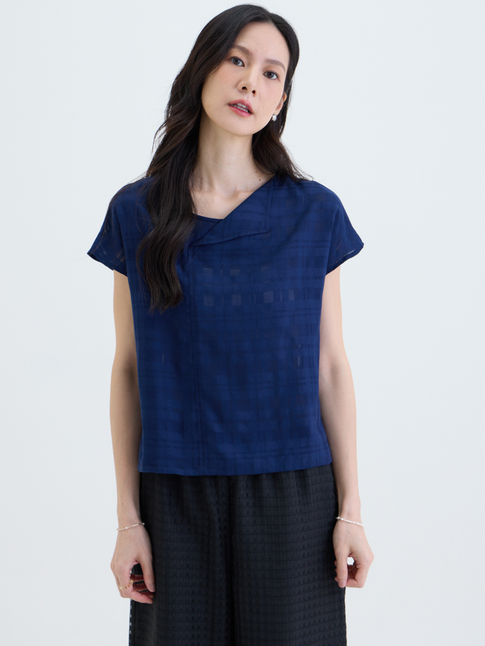 翻領軟料連袖上衣-暮行藍格