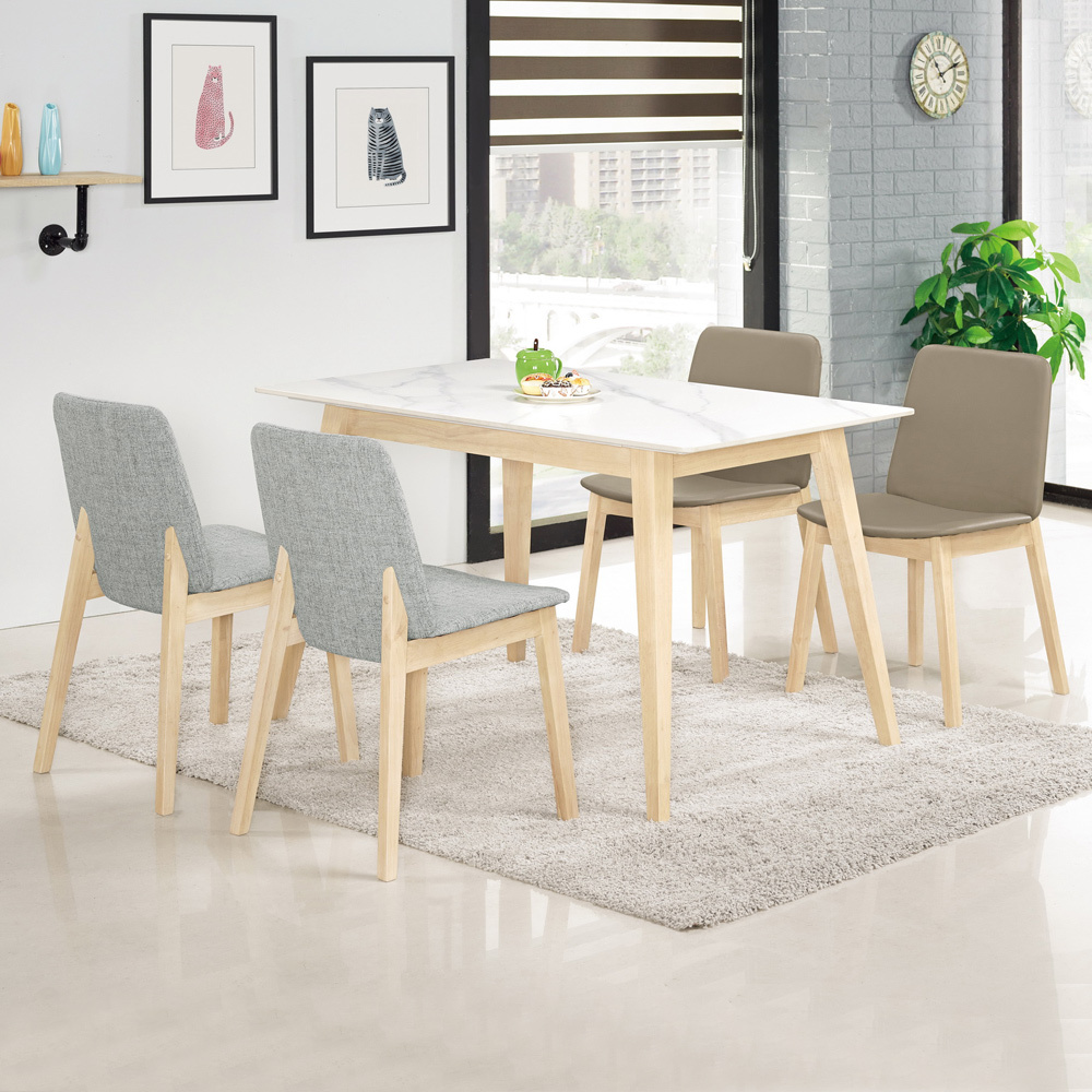 明斯4.3尺北歐風白色岩板實木餐桌椅組合(一桌四椅-兩色可選)