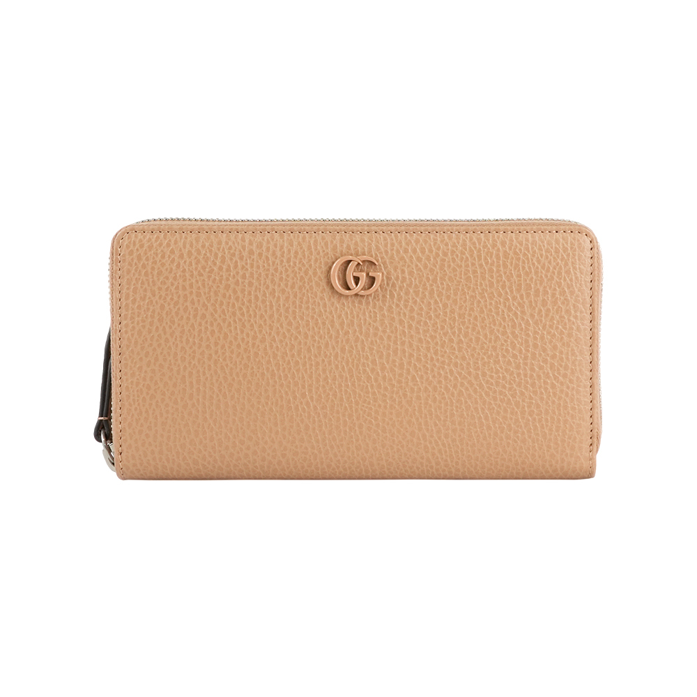 【GUCCI】GG Logo 荔枝皮革ㄇ形拉鍊長夾(裸粉色)
