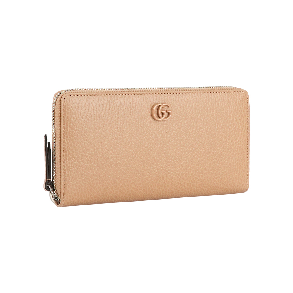 【GUCCI】GG Logo 荔枝皮革ㄇ形拉鍊長夾(裸粉色)