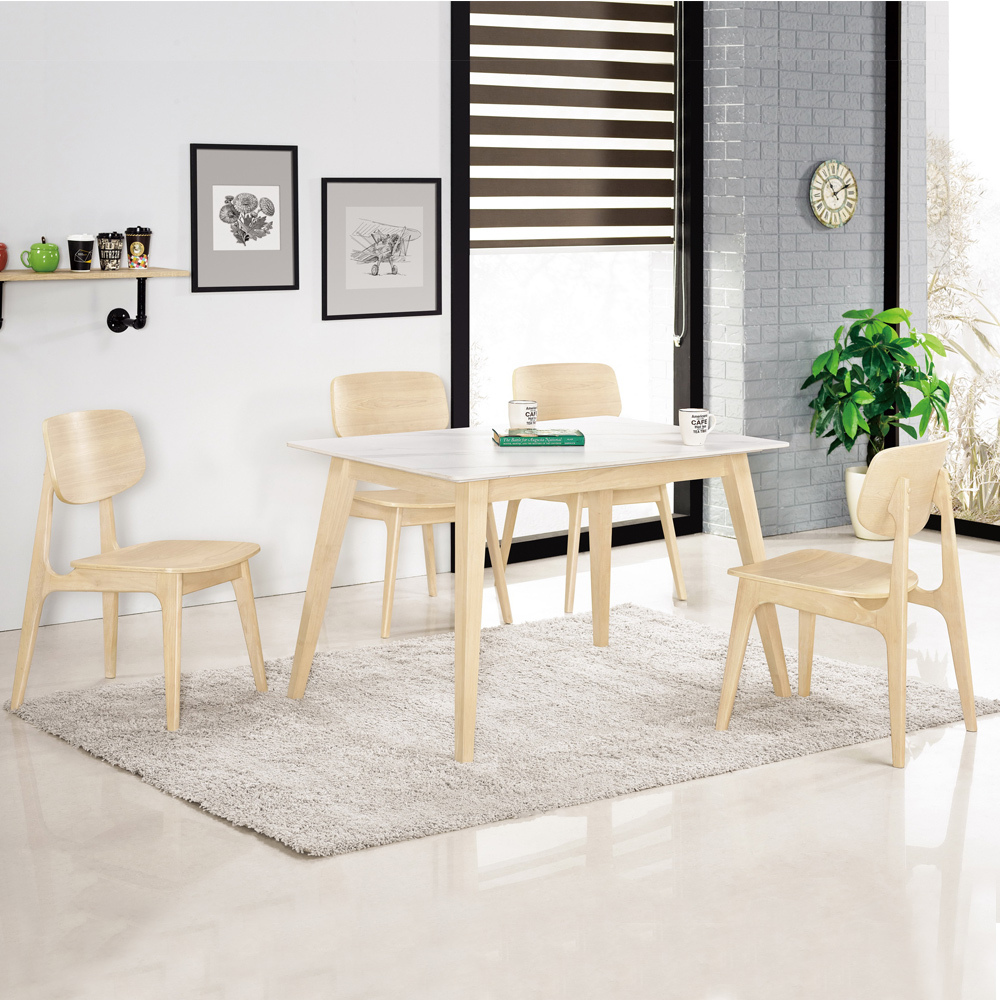 明斯4尺北歐風白色岩板實木餐桌椅組合(一桌四椅)