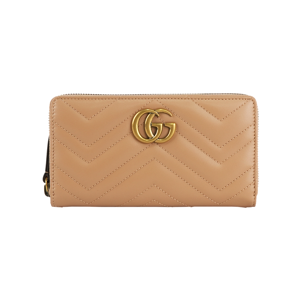 【GUCCI】GG Marmont 縫線皮革ㄇ形拉鍊長夾(裸粉色)