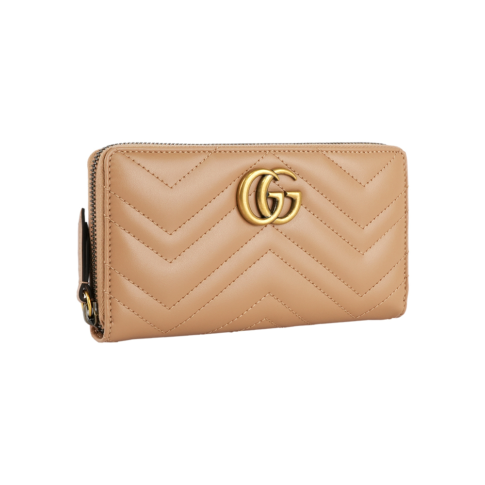 【GUCCI】GG Marmont 縫線皮革ㄇ形拉鍊長夾(裸粉色)