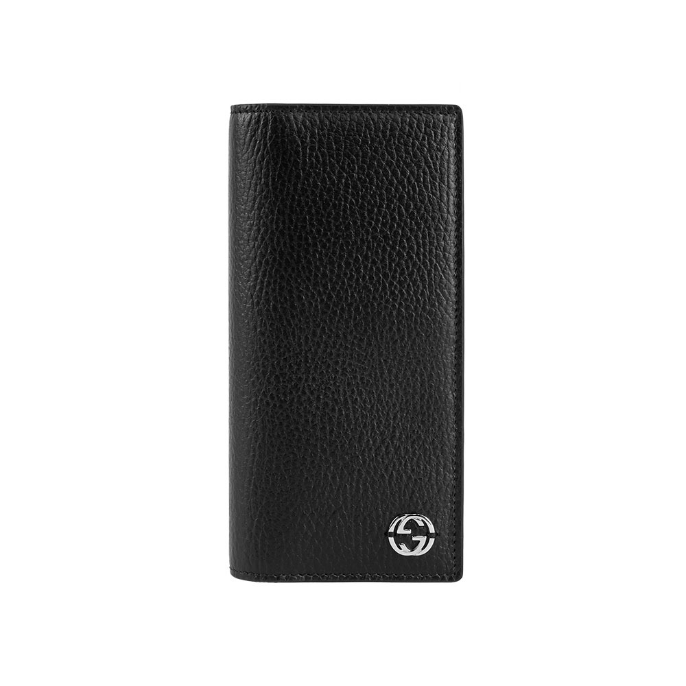 【GUCCI】金屬縫線雙G Logo 牛皮二折長夾(黑色)