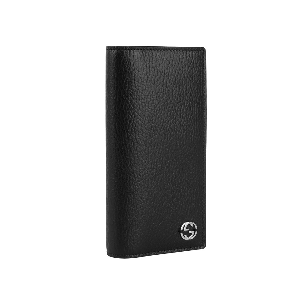 【GUCCI】金屬縫線雙G Logo 牛皮二折長夾(黑色)