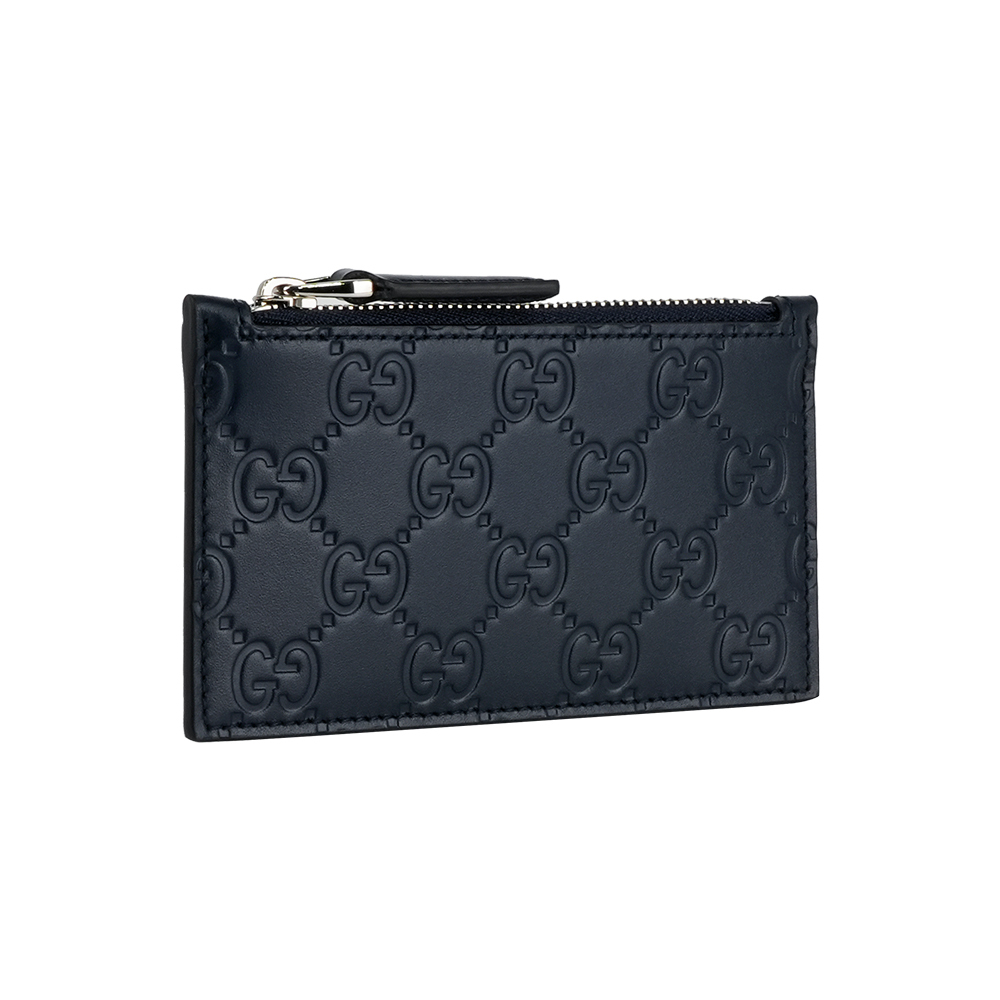 【GUCCI】GG Logo 滿版壓紋牛皮拉鍊卡夾包/零錢包(深藍色)