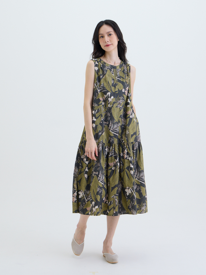 渡假圓領無袖洋裝-暮墨花笺
