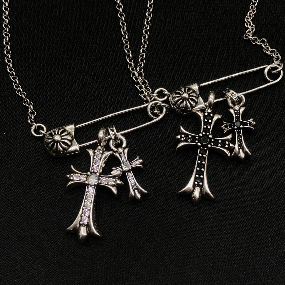 18k”Chrome hearts迴紋針滿鑽雙十字高奢定製項鍊