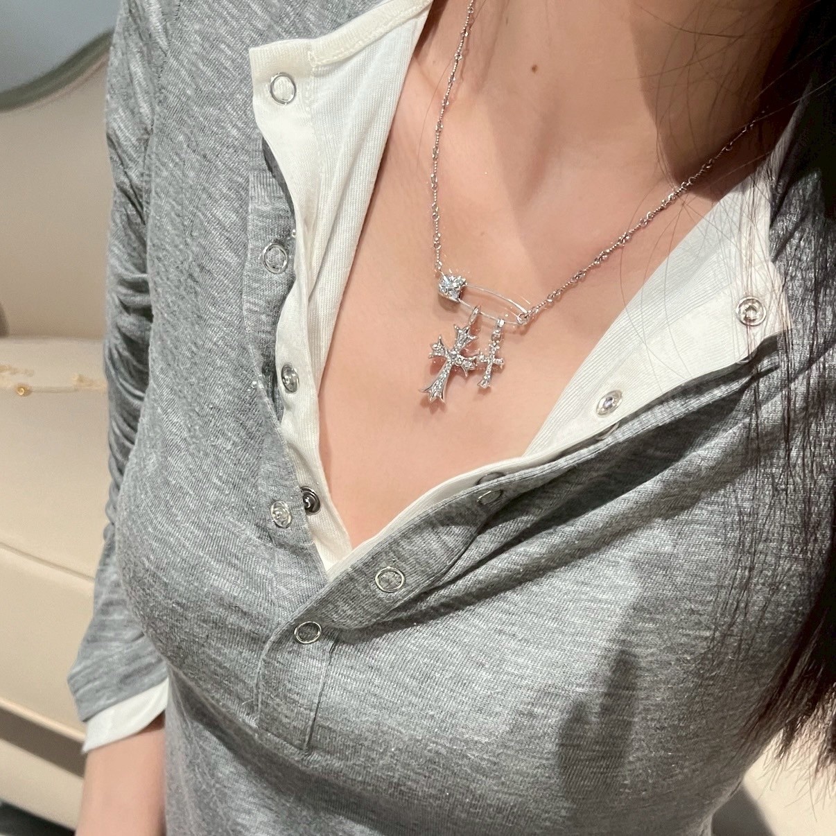 18k”Chrome hearts迴紋針滿鑽雙十字高奢定製項鍊