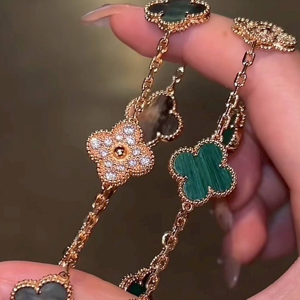 18k高奢孔雀石”間滿鑽五花四葉草定製手鍊