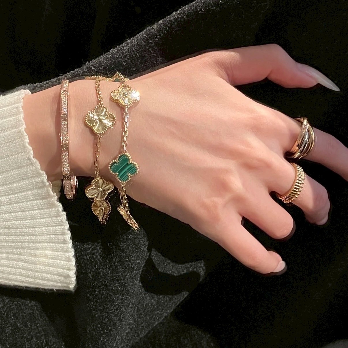 18k高奢孔雀石”間滿鑽五花四葉草定製手鍊