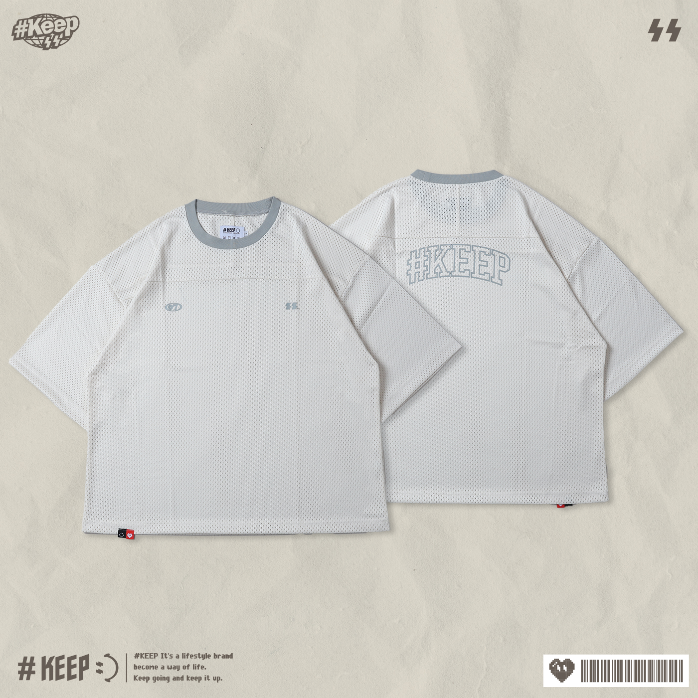 [特價售出無退換] #KEEP MESH JERSEY 奶油白色 黑色 印花 休閒 運動 透氣 短T 網眼 球衣【KS309】