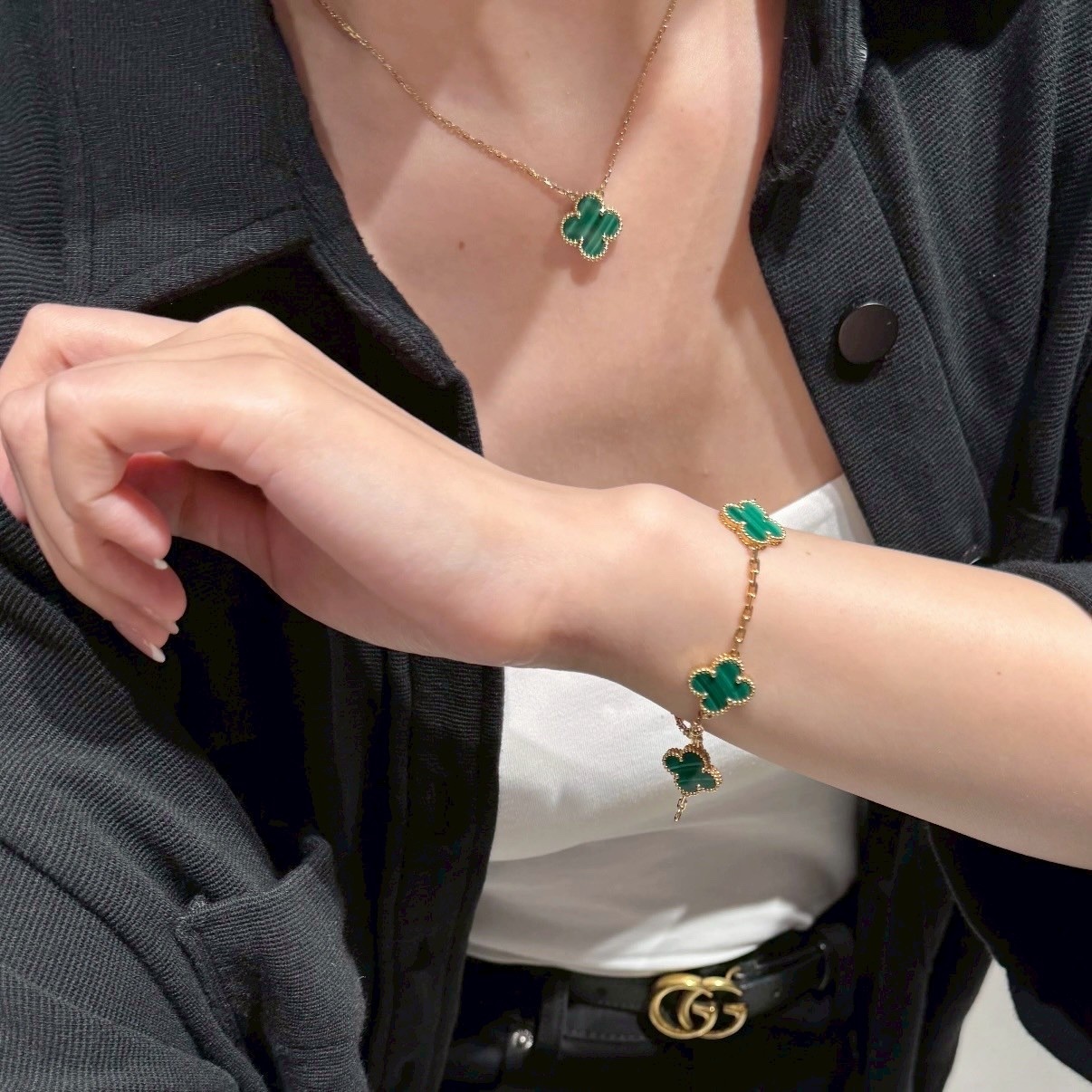 18k高奢孔雀石”全五花四葉草定製手鍊