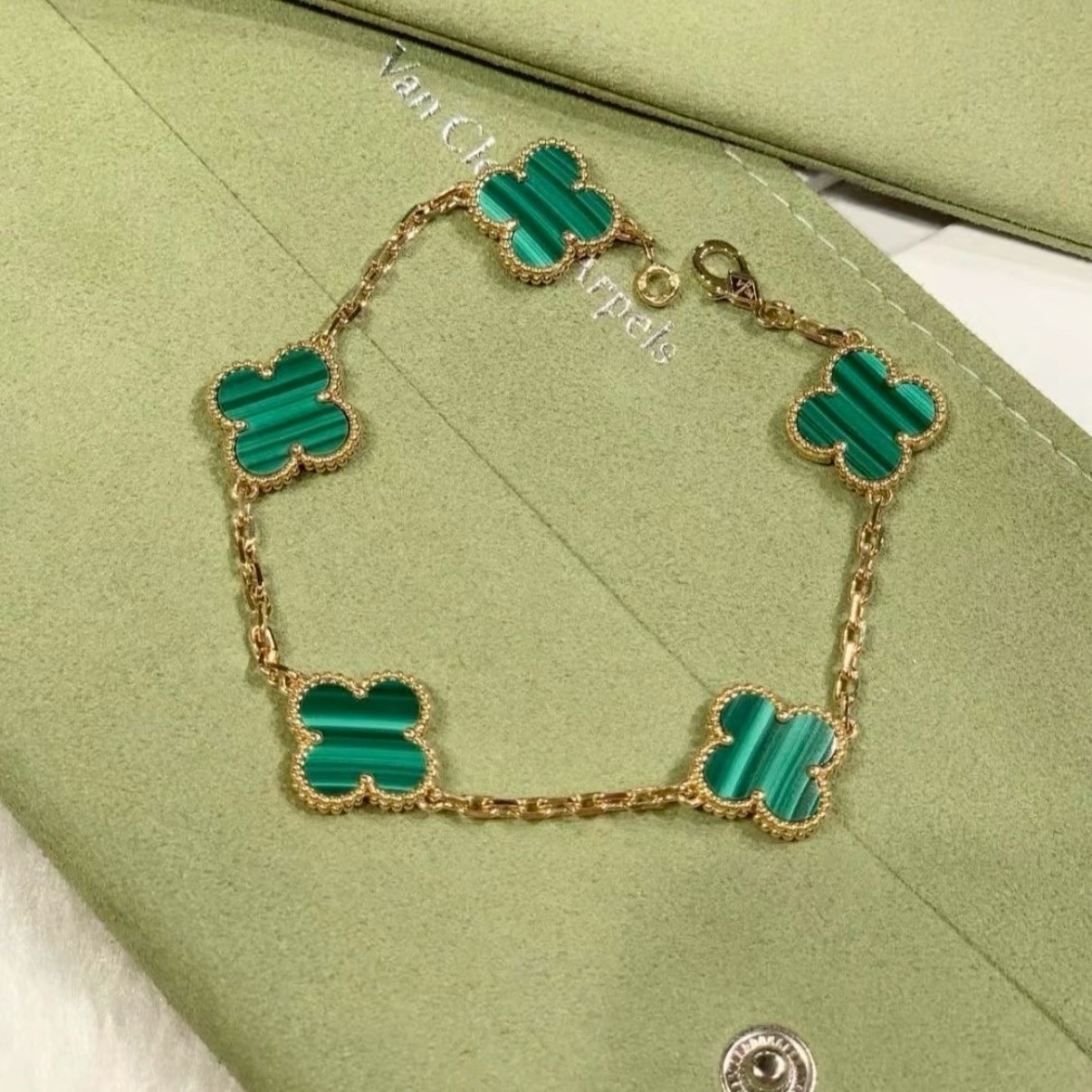 18k高奢孔雀石”全五花四葉草定製手鍊