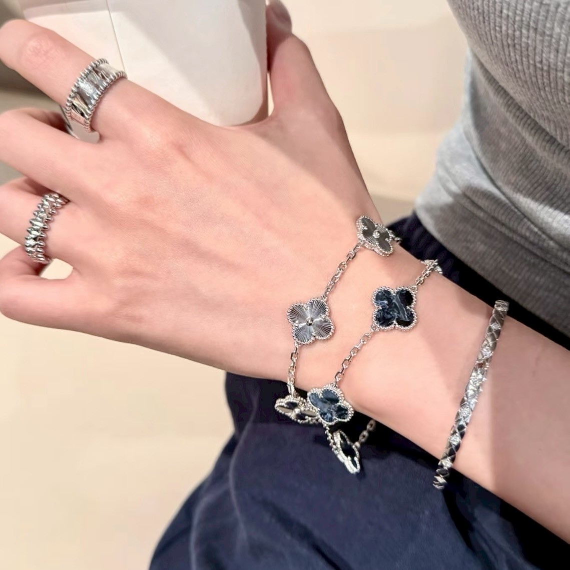 18k”限量星空彼得石”白金五花四葉草高奢定製手鍊