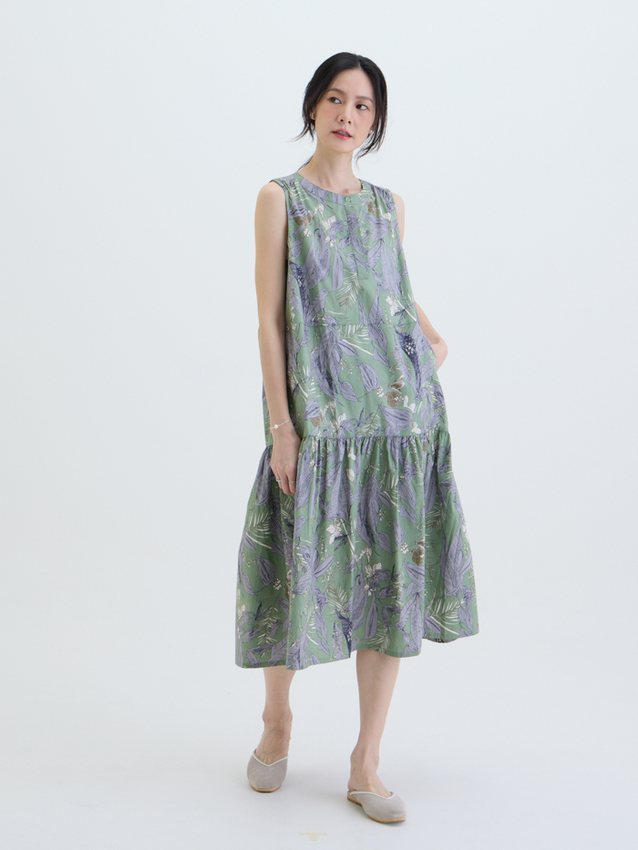 渡假圓領無袖洋裝-柳影流書