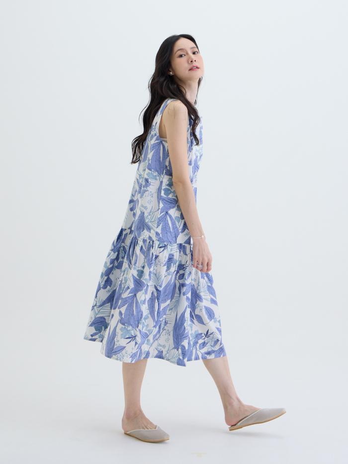 渡假圓領無袖洋裝-風入白描