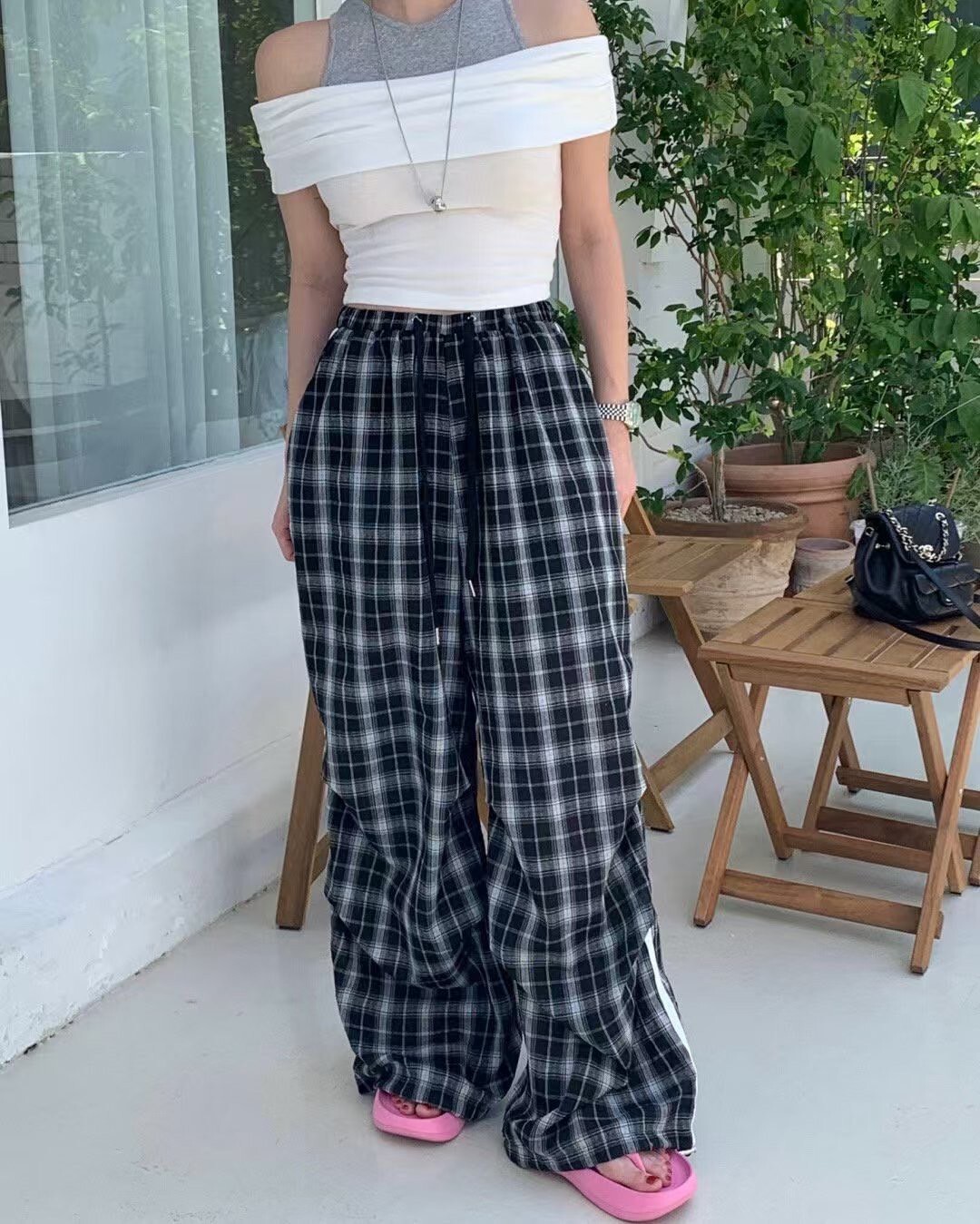 格子側邊條長褲