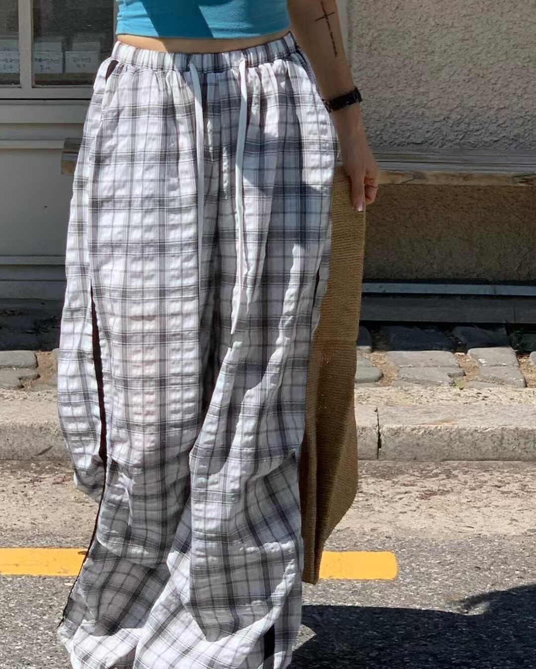 格子側邊條長褲