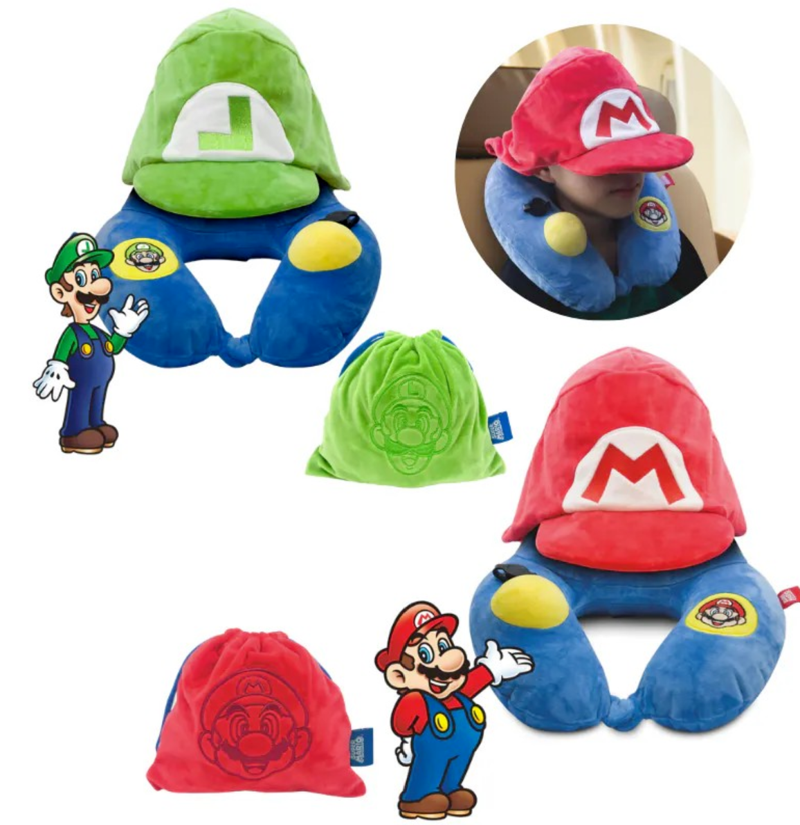 【全新Super Mario™ 款式】全球網上獨家發售🏆瑞士Travelmall 旅行3D充氣連帽頸枕│按摩頸枕│不需用嘴吹│手動按壓充氣│摺疊便攜【10/19 截單，預計 :10月尾至11月中發貨】