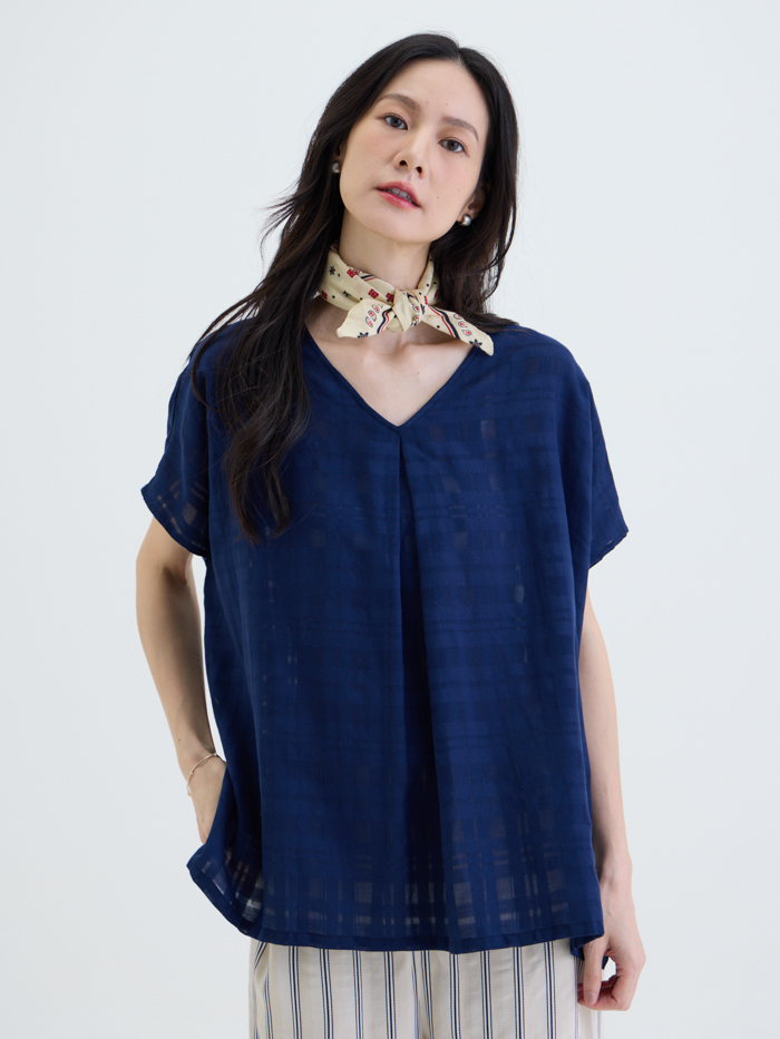 風起V領罩衫-暮行藍格