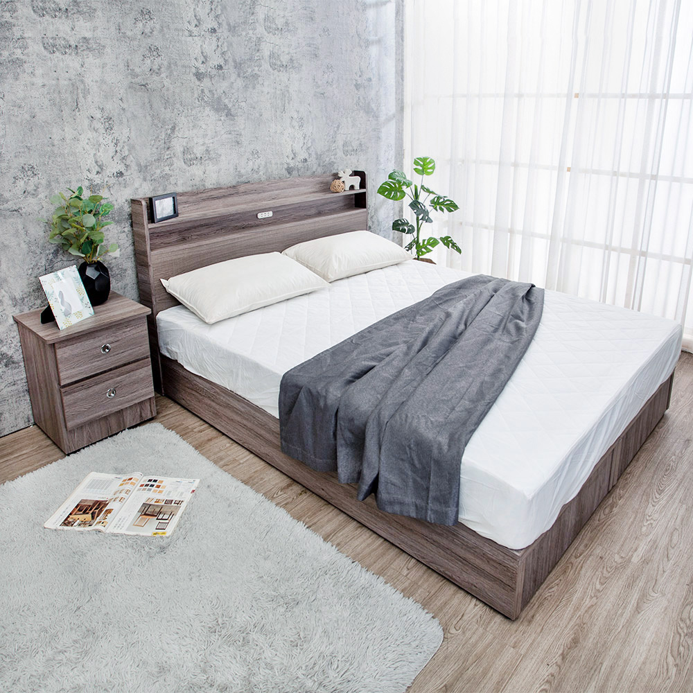 米恩5尺雙人床房間組-3件組-附插座床頭片+六分床底+二抽床頭櫃(六色可選-不含床墊)