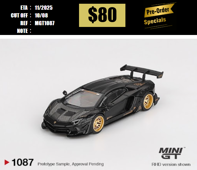 PO-$80 * MINI GT * 1:64 1087 LB★WORKS Lamborghini Aventador Limited Edition Matte Black RHD [OD28/07]