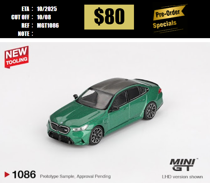 PO-$80 * MINI GT * 1:64 1086 BMW M5 (G90) Isle of Man Green Metallic RHD [OD28/07]