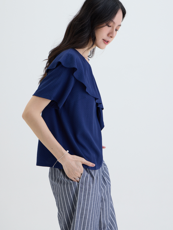 旋轉不對稱造型短袖上衣-藏青