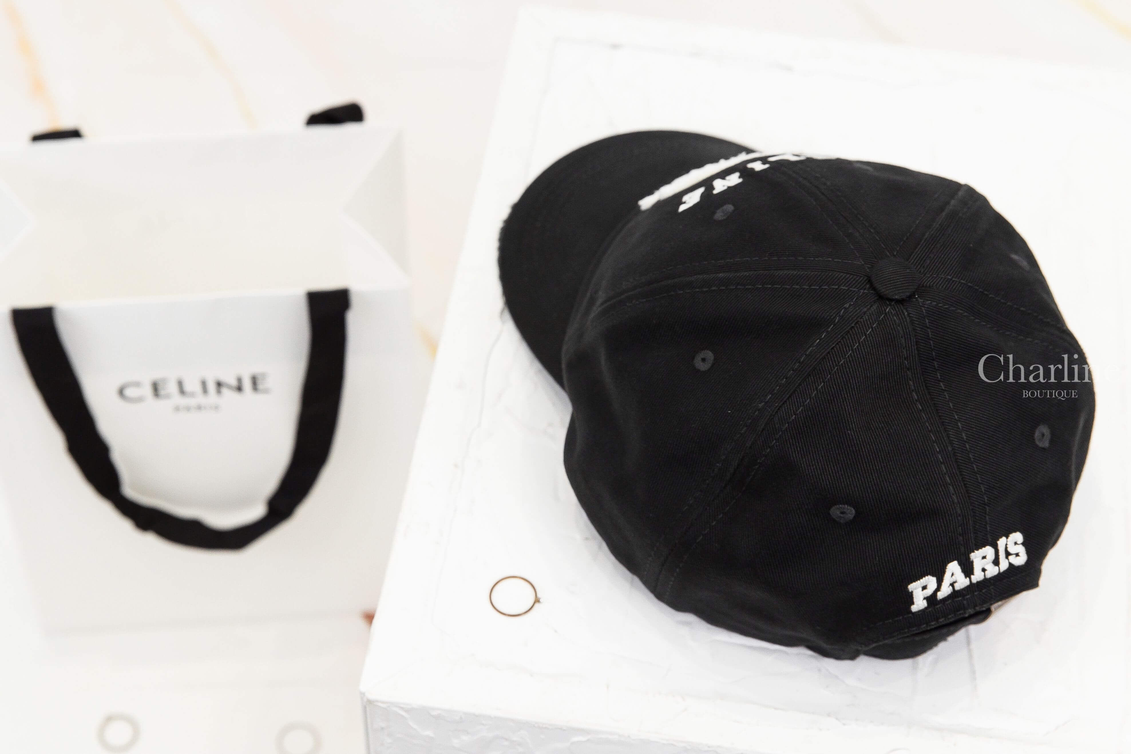 Celine Triomphe Baseball Cap In Cotton 黑色仿舊刺繡白色字母凱旋門棉質棒球帽-Charline Boutique 精品代購
