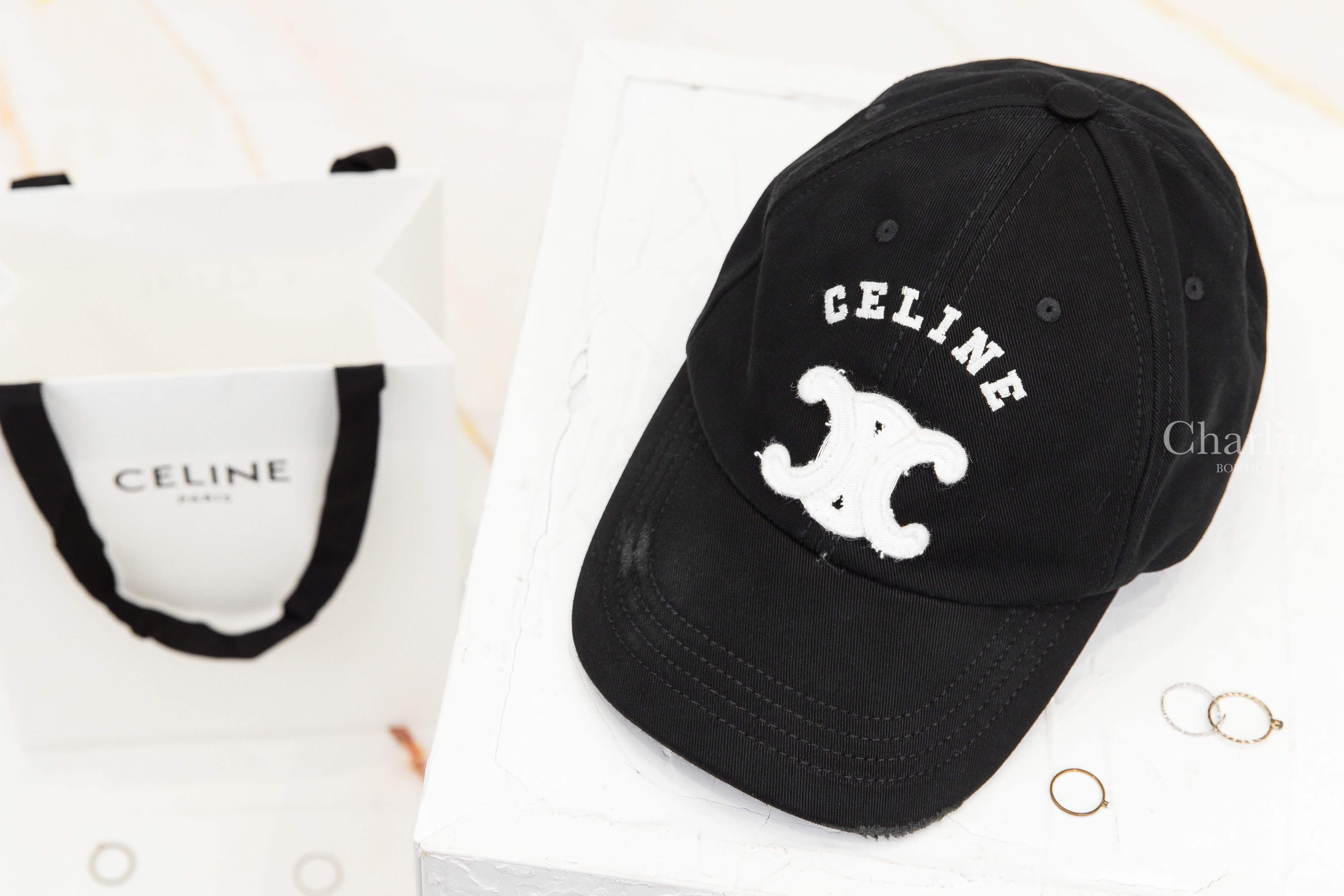 Celine Triomphe Baseball Cap In Cotton 黑色仿舊刺繡白色字母凱旋門棉質棒球帽