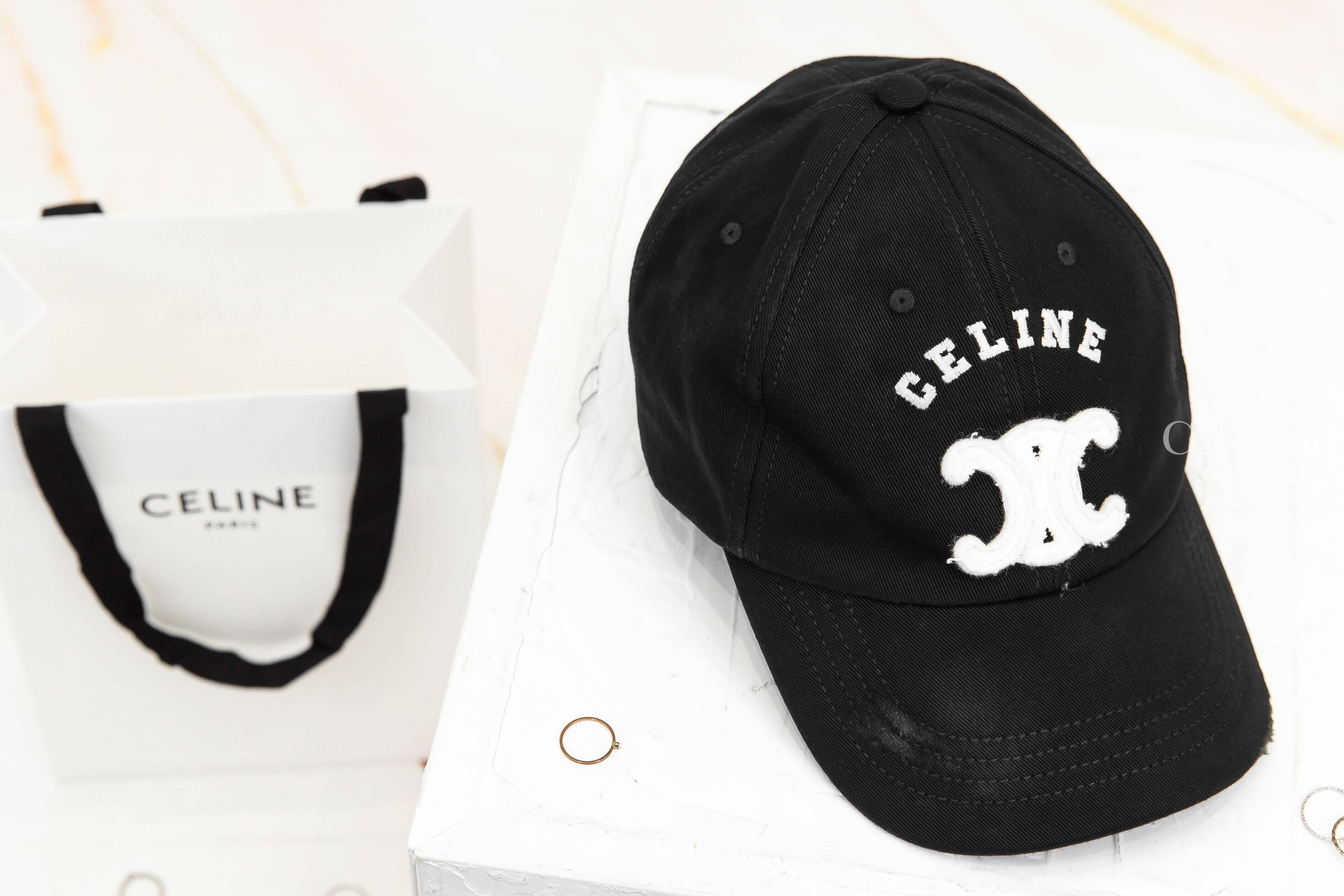 Celine Triomphe Baseball Cap In Cotton 黑色仿舊刺繡白色字母凱旋門棉質棒球帽-Charline Boutique 精品代購
