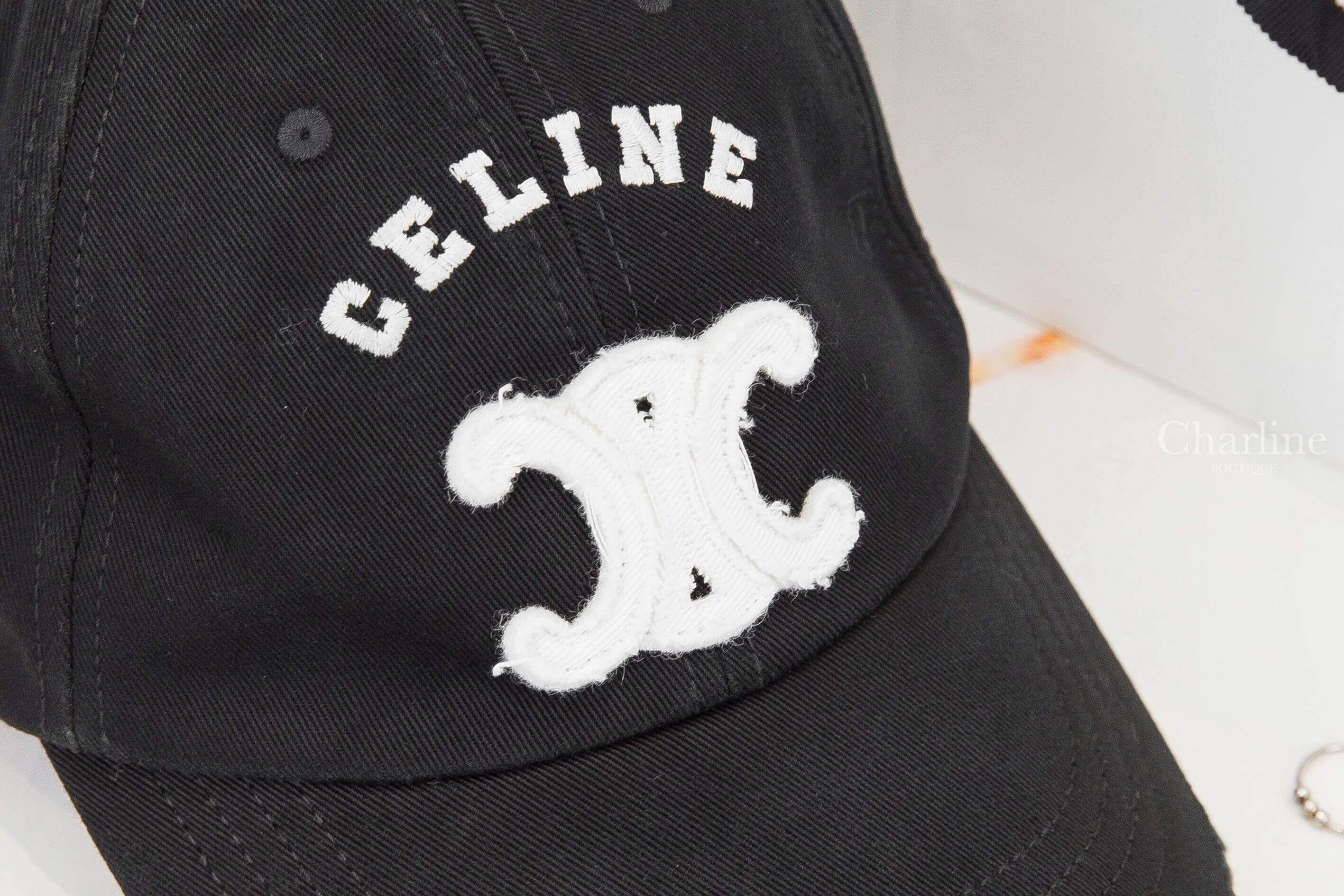 Celine Triomphe Baseball Cap In Cotton 黑色仿舊刺繡白色字母凱旋門棉質棒球帽