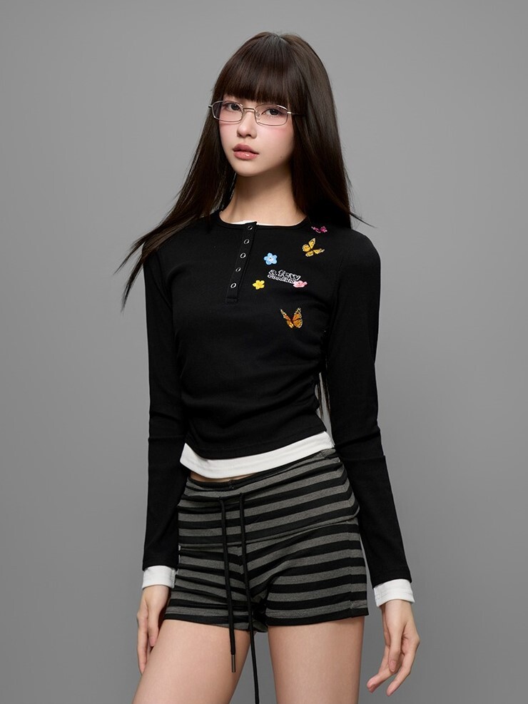 AFGK 蝴蝶刺繡 假兩件長袖T A FEW GOOD KIDS