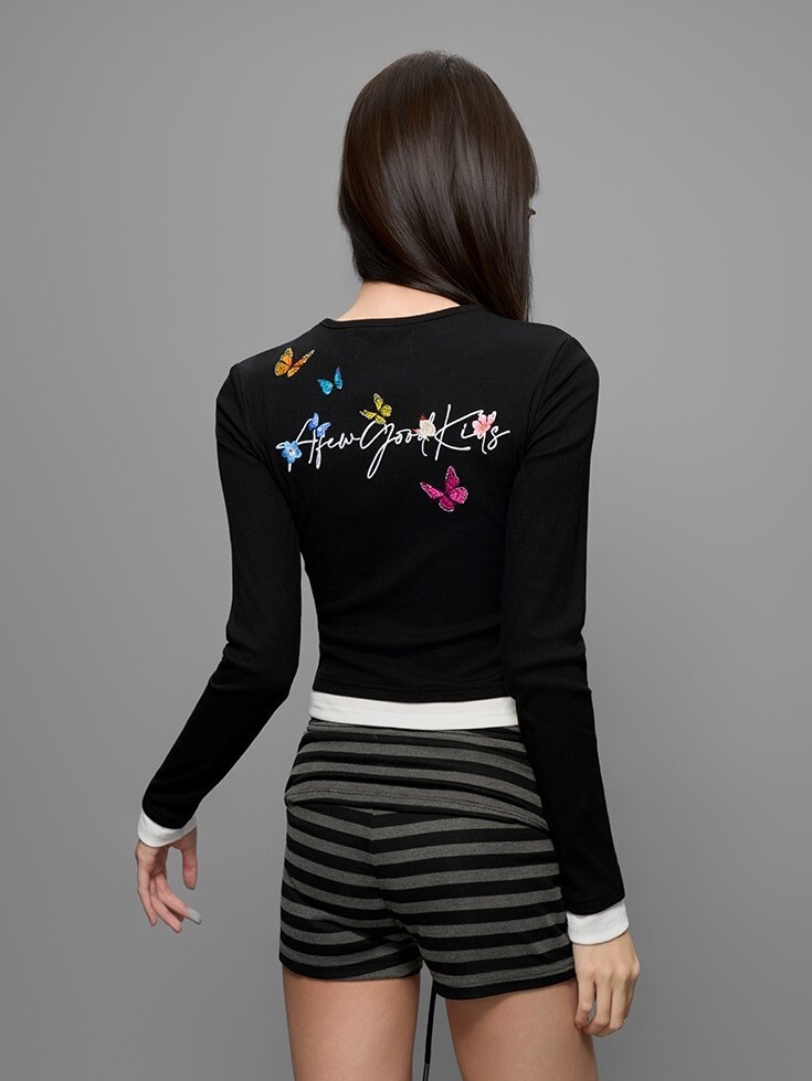 AFGK 蝴蝶刺繡 假兩件長袖T A FEW GOOD KIDS