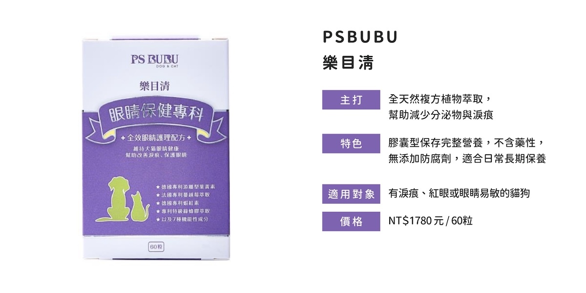 貓狗補眼推薦PSBUBU樂目清，含德國藻紅素與法國山桑子，減少淚痕、抗氧護眼。  關於 PSBUBU 樂目清的成分介紹與功效延伸：  成分包含德國藻紅素、法國山桑子、枸杞與迷迭香植萃  幫助改善貓狗淚腺代謝、舒緩眼部紅腫、保護視網膜  天然無藥性、無防腐劑，膠囊型適合長期保健使用